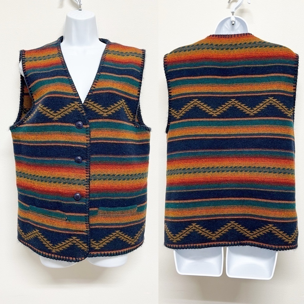 Signature Expressions Vintage Unisex Wool Blend Tribal Print Pocketed Vest Med
